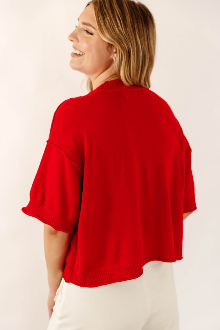 Red Lightweight Knit Mock Neck Sweater Top- Women's Short Sleeve Sweater- &Merci Sweater