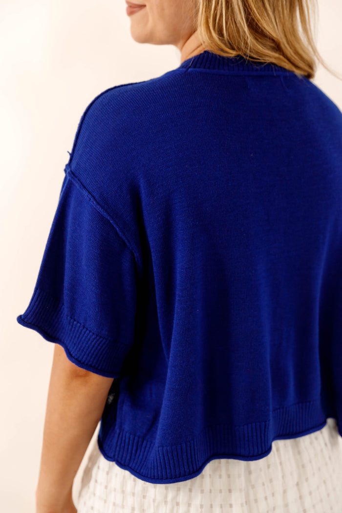 Blue Lightweight Knit Mock Neck Sweater Top- Women's Short Sleeve Sweater- &Merci Sweater