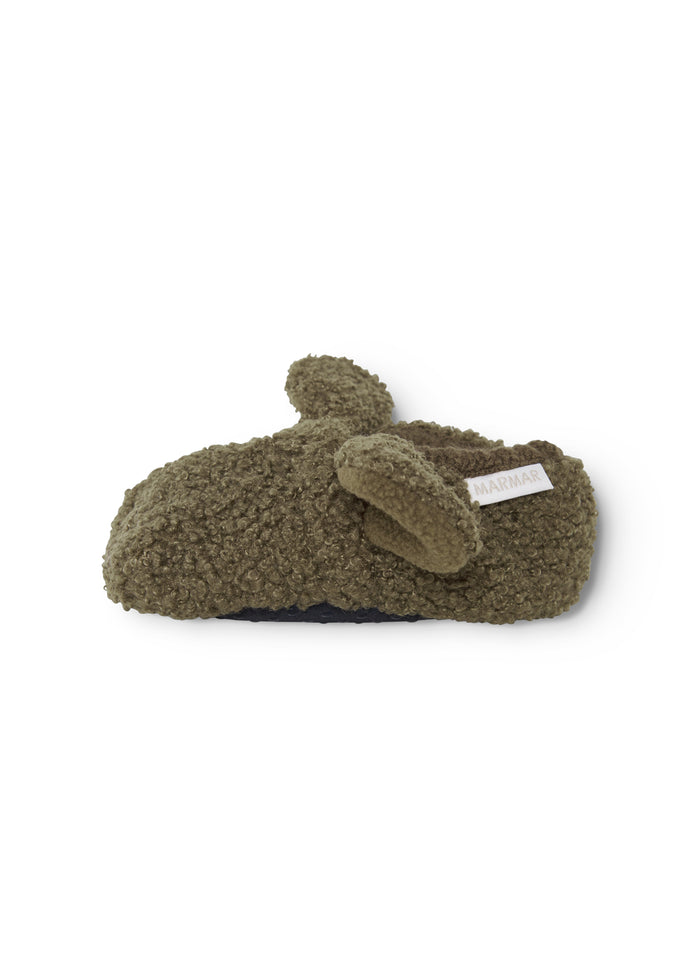 Dark green baby booties in teddy, short shaft with overlay detail