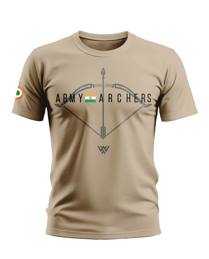 Beige men's t-shirt with army archers bow and arrow graphic, Indian flag accent on sleeve