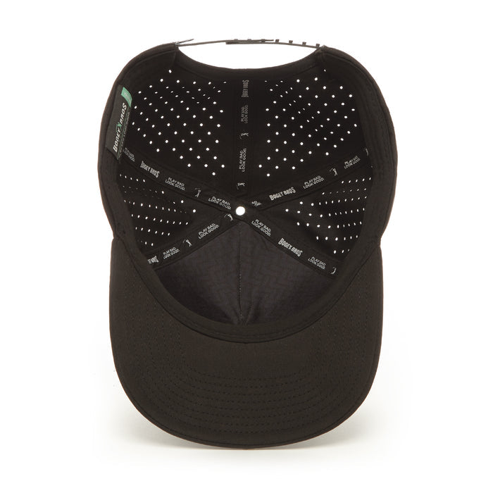 Top-down view of the Elusive Birdie - Performance Golf Hat - Snapback, showing its black perforated lining, multiple fabric labels on the sweatband, curved brim, and sweat stain resistant material with quality stitching details.
