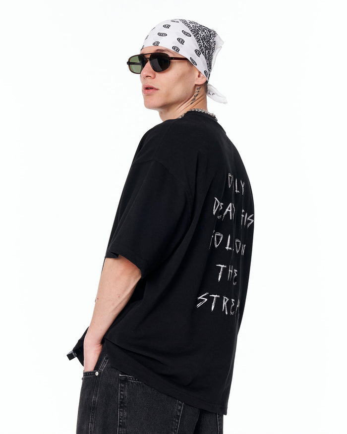 Follow The Stream Oversized Black T-Shirt with bold slogan artwork