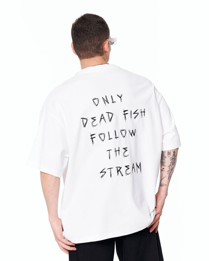 Follow The Stream Oversized White T-Shirt with bold slogan artwork