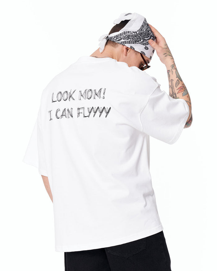 Look Mom Text Print Oversized White T-Shirt with bold slogan artwork