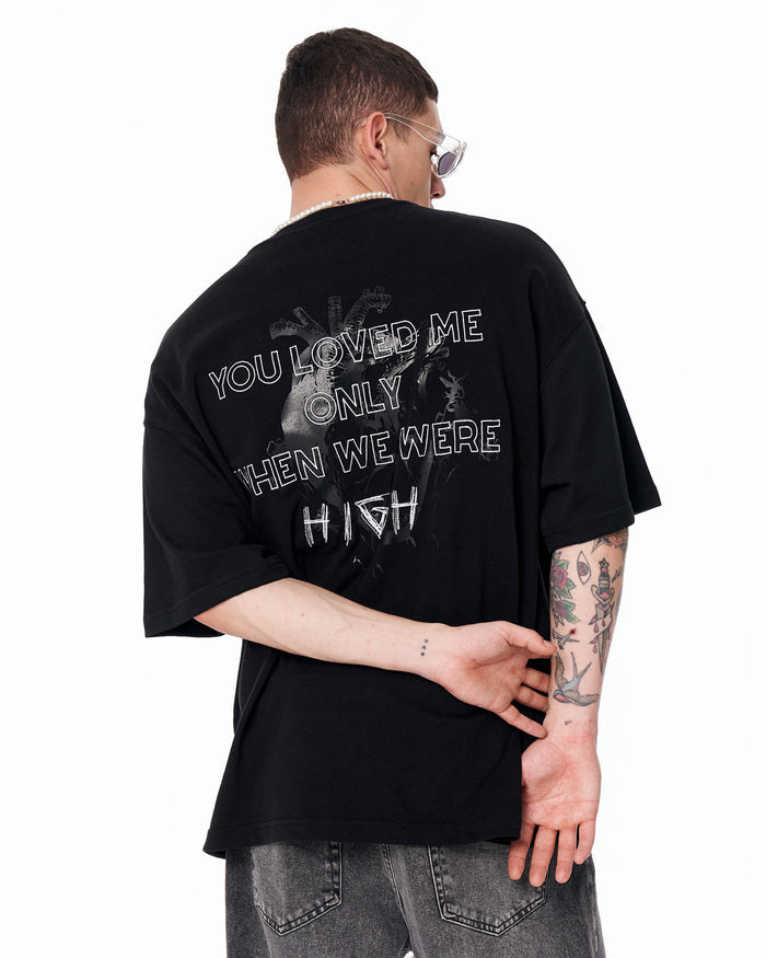 Loved Me Heart Graphic Oversized Black T-Shirt in black cotton streetwear style