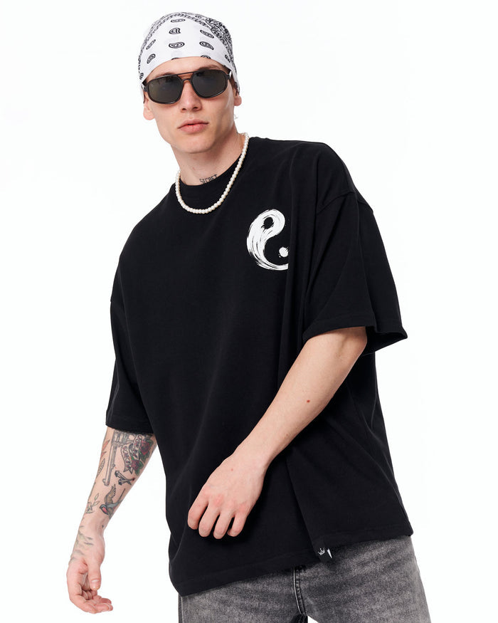 Yin Yang Brush Graphic Oversized Black T-Shirt in black cotton streetwear style