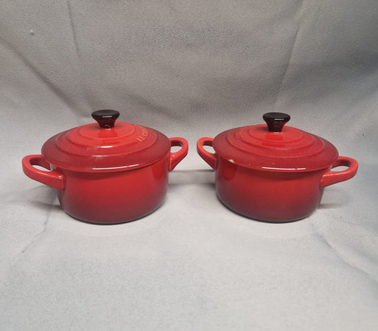 2 x Pair Le-Creuset Red Mini Cocotte Lidded Pots with Handles - Good Used Condition