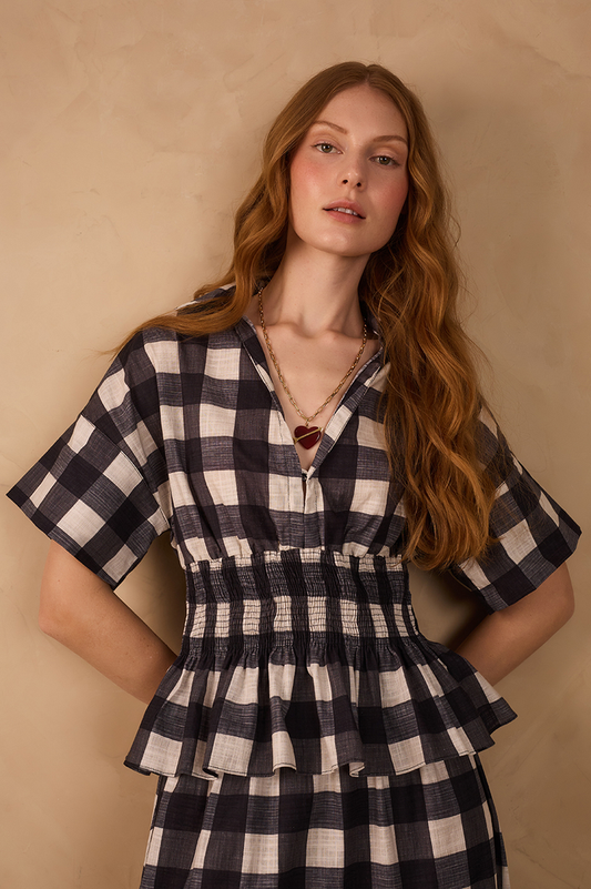 Black Plaid V Neck Smocked Short Sleeve Blouse_1