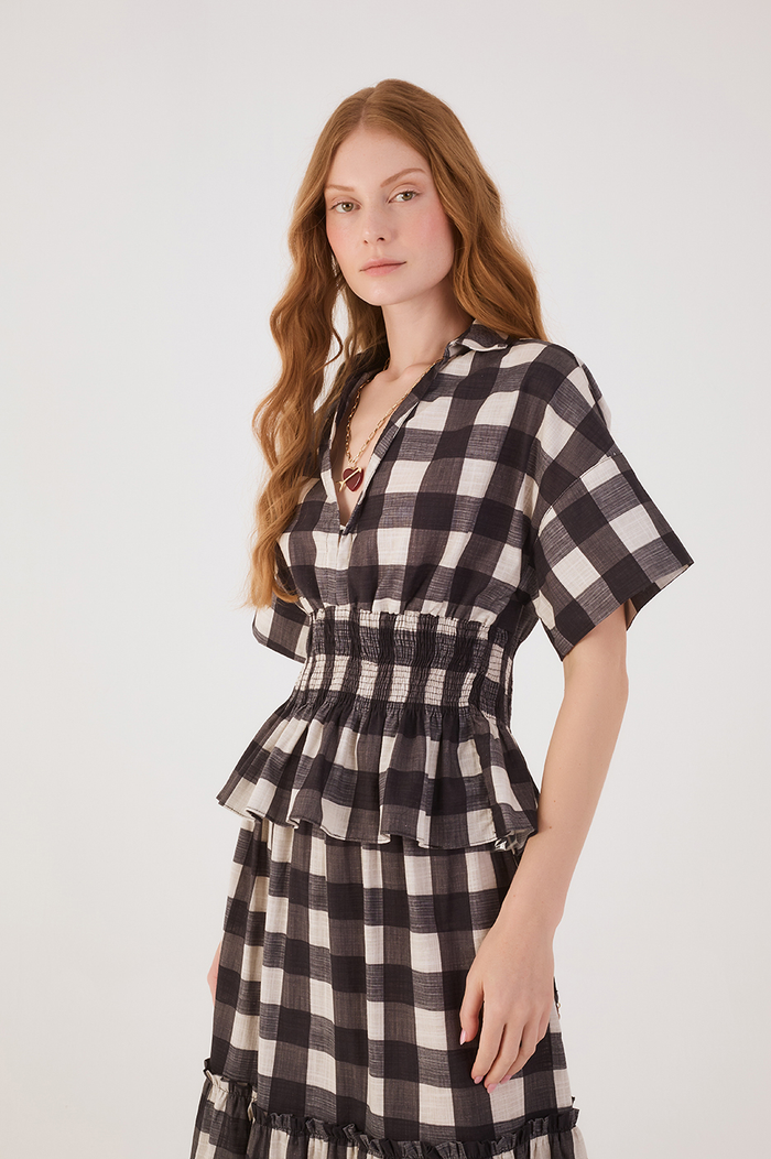 Black Plaid V Neck Smocked Short Sleeve Blouse