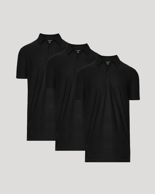 Black Tall Active Polo 3-Pack, featuring three black polo shirts with short sleeves.