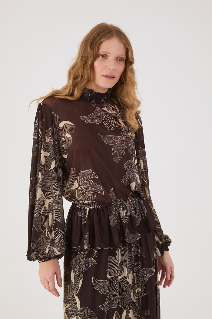 Brown Flora Elastic High Neck Waistline Tulle Blouse_2
