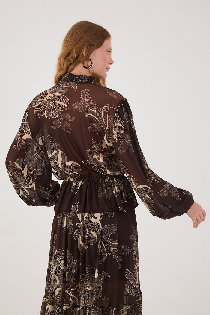 Brown Flora Elastic High Neck Waistline Tulle Blouse_5