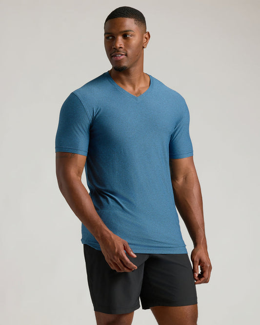 Dark Heather Bluebird Tall Active V-Neck worn by athletic man.
