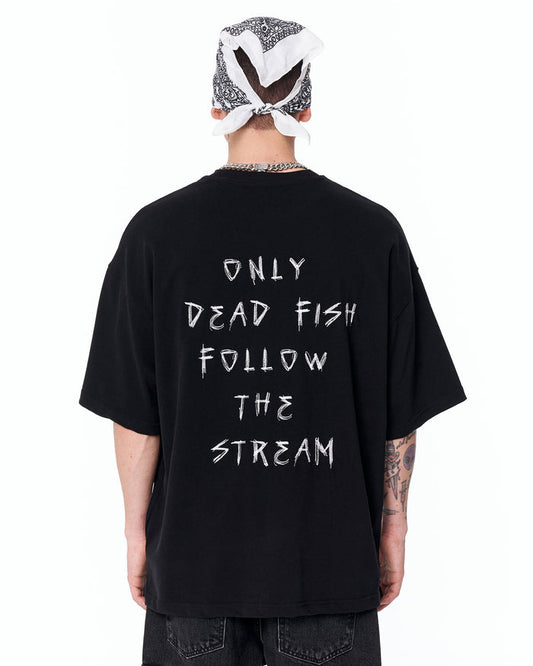 Follow The Stream Oversized Black T-Shirt with white graphic typography