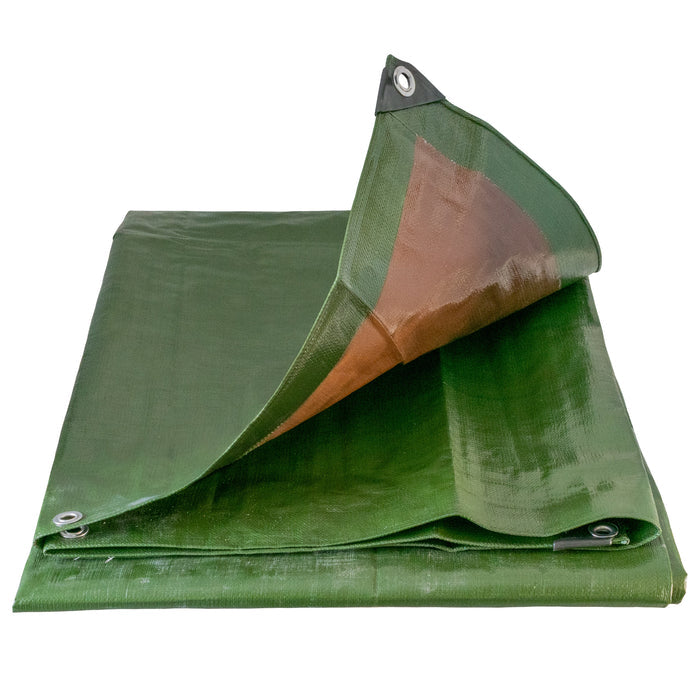 Green/Brown L-Grade Tarpaulin with 10m of 6mm Bungee Rope and 10 x Screw Type Tarp Clips