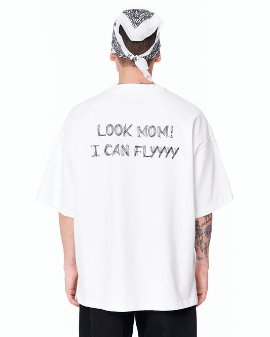 Look Mom Text Print Oversized White T-Shirt with black graphic typography