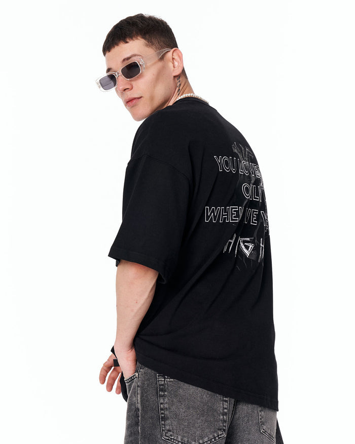 Loved Me Heart Graphic Oversized Black T-Shirt with statement lettering