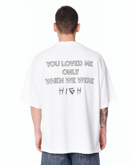 Loved Me Text Print Oversized White T-Shirt with bold black statement lettering