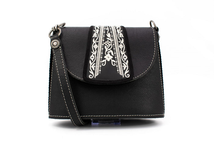 "Opera Binoculars" Black Leather Shoulder Bag with Traditional White Folk Embroidery