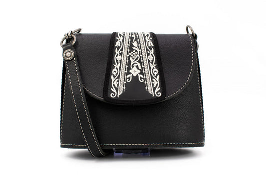 "Opera Binoculars" Black Leather Shoulder Bag with Traditional White Folk Embroidery
