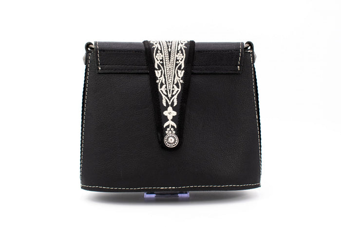 "Opera Binoculars" Black Leather Shoulder Bag with Traditional White Folk Embroidery