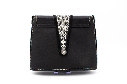 "Opera Binoculars" Black Leather Shoulder Bag with Traditional White Folk Embroidery