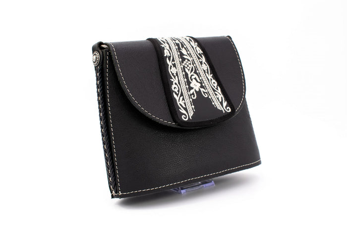 "Opera Binoculars" Black Leather Shoulder Bag with Traditional White Folk Embroidery