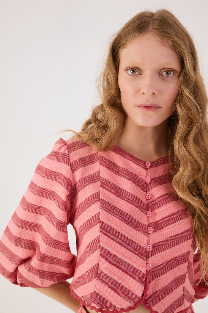 Pink Bromelia Buttoned Back Ties Rickrack Trim Blouse_4