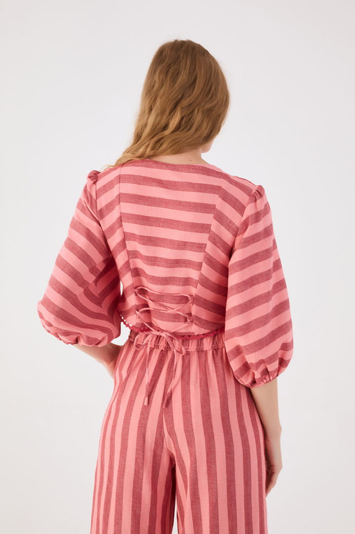 Pink Bromelia Buttoned Back Ties Rickrack Trim Blouse_5