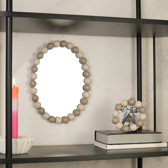 Spiegel - Wand Spiegel met Bolletjesrand - MDF/ Glas - Zand/ Taupe - 29x22.5cm