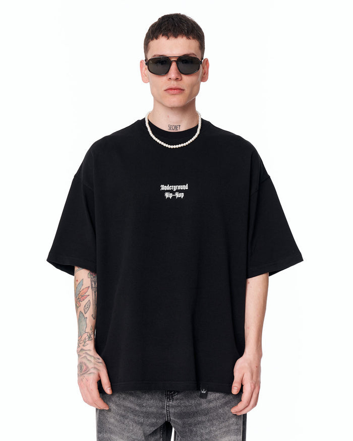 Underground Hip Hop Oversized Black T-Shirt with white gothic text print