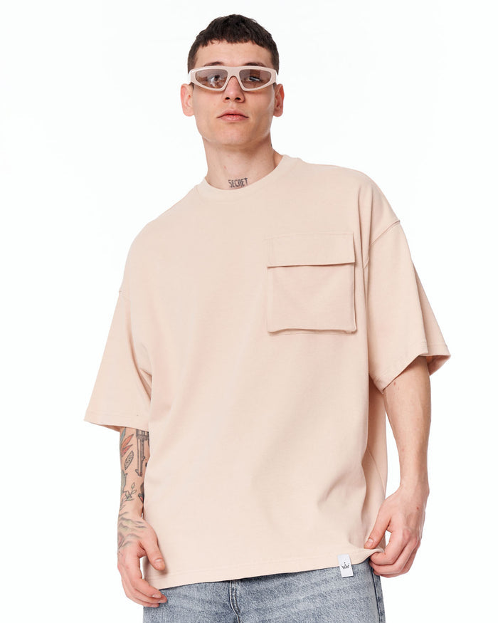 Utility Pocket Oversized Beige T-Shirt with oversized streetwear cut