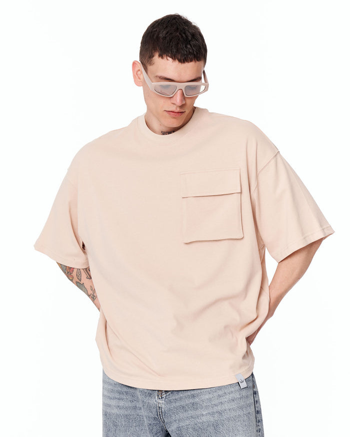 Utility Pocket Oversized Beige T-Shirt with clean plain design