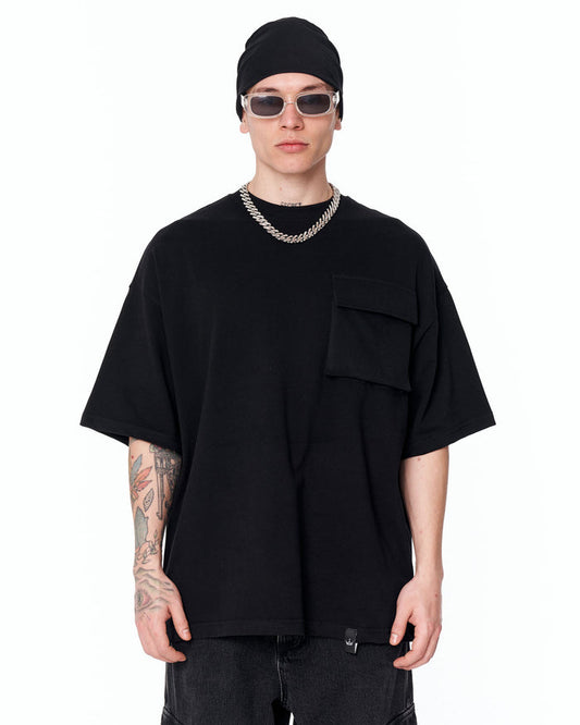 Utility Pocket Oversized Black T-Shirt with large chest pocket detail