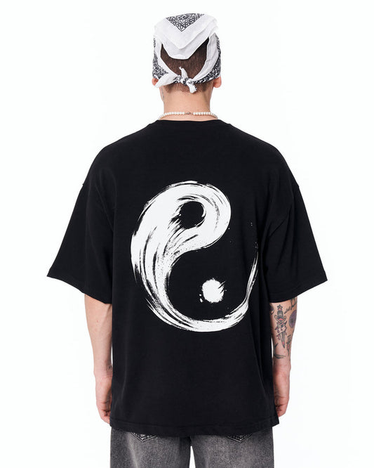 Yin Yang Brush Graphic Oversized Black T-Shirt with relaxed oversized fit