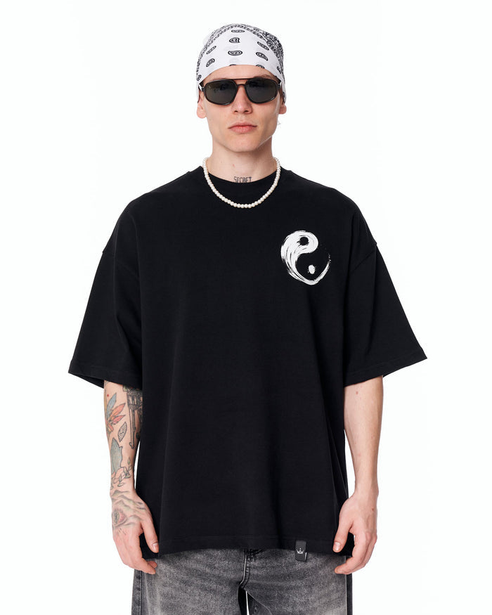 Yin Yang Brush Graphic Oversized Black T-Shirt with white brush symbol print