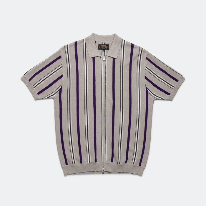 Zip Knit Stripe Polo - Light Grey