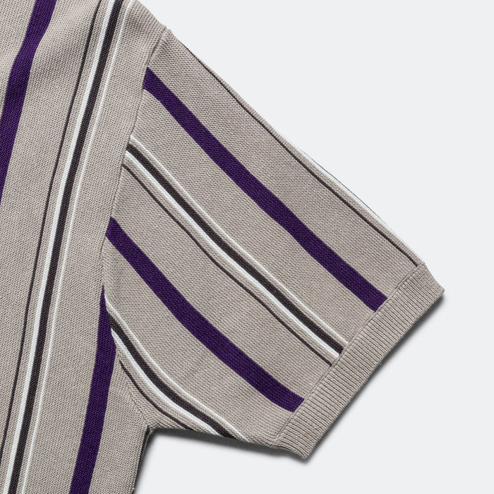 Zip Knit Stripe Polo - Light Grey